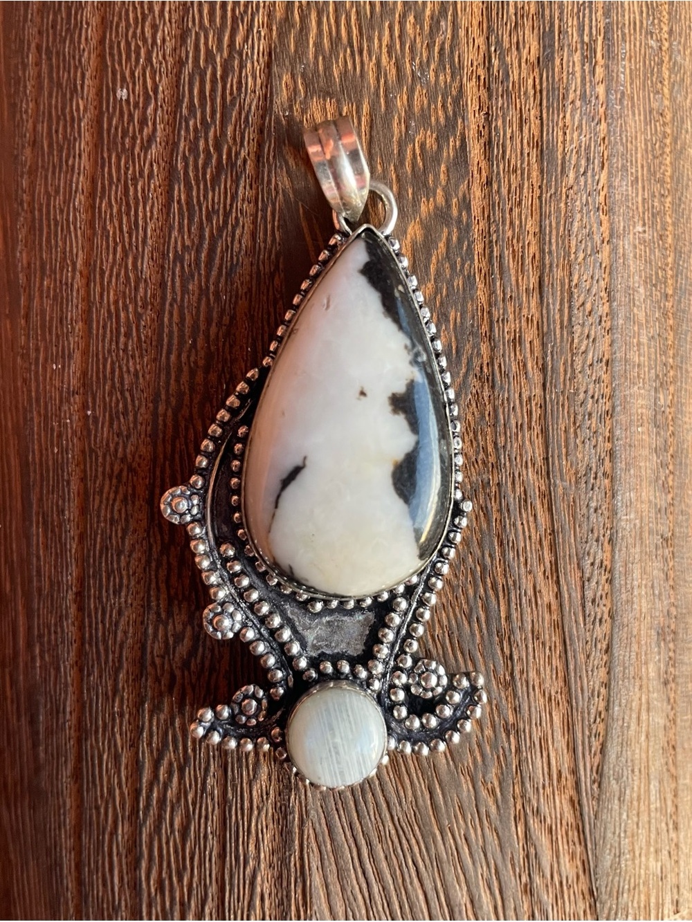 Large sterling pendant- white buffalo and moonstone.